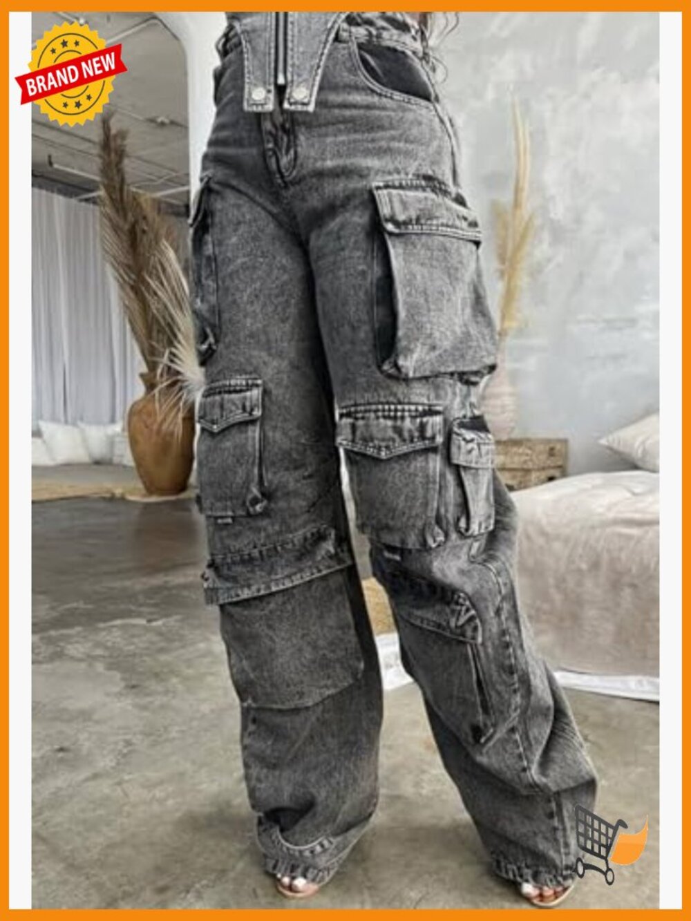 High Waisted Baggy Cargo Jeans Women Y2K Straight Wide Leg Streetwear Pants - Picture 3 of 7